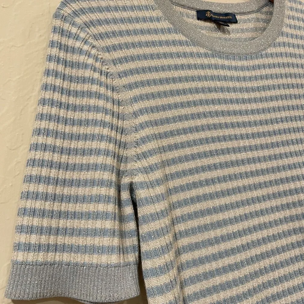 ~ Brooks Brothers XL Sweater Short Sleeved Striped Metallic Ribbed Knit Lt Blue